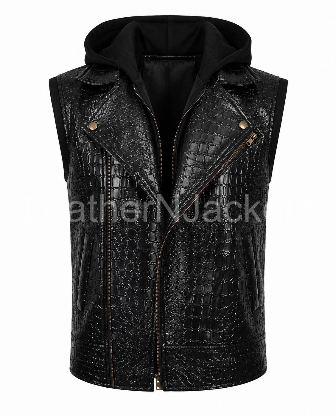 AJ Styles WWE Crocodile Textured Black Leather Hooded Wrestling Vest Jacket