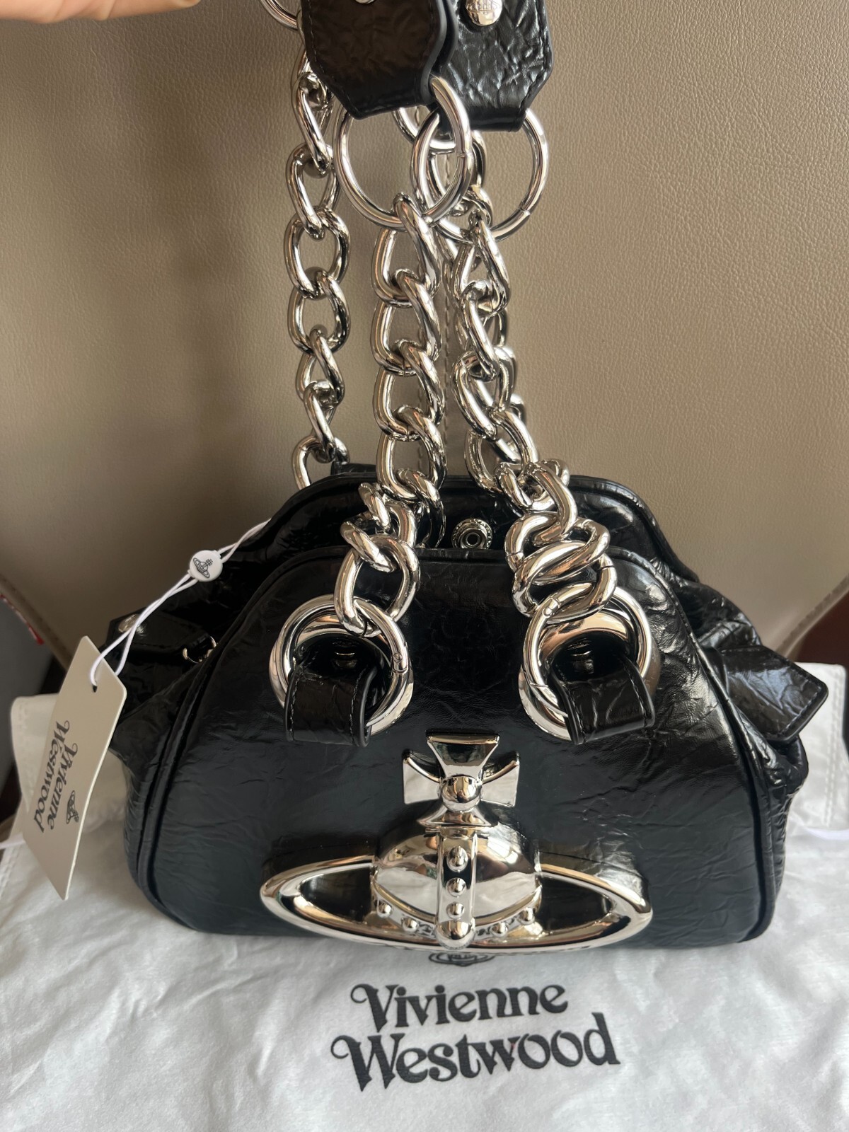 Vivienne Westwood Big Orb 2Chain Strap Black Leather Shoulder Bag