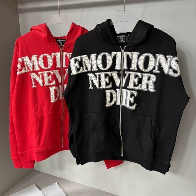 Mixed Emotion – Beaded Letter Print Zippered Hooded Sweatshirt