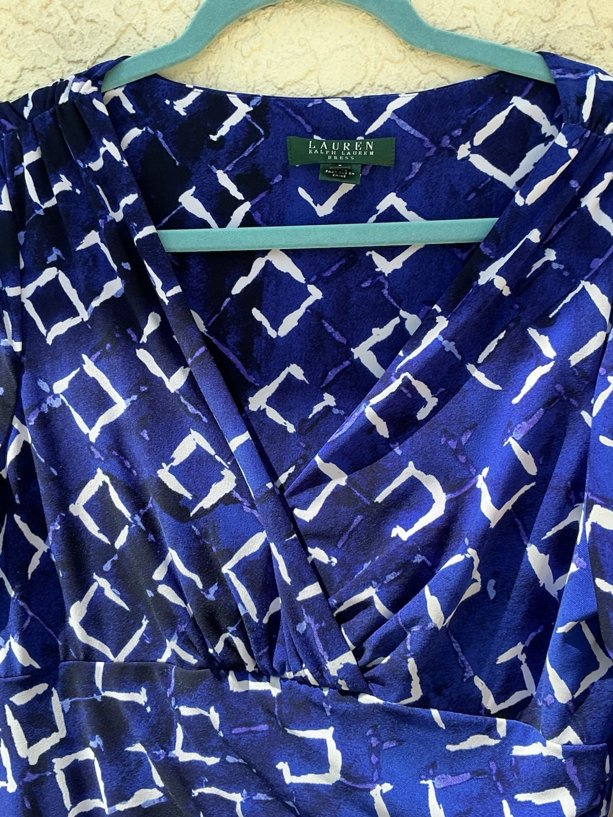 Lauren Ralph Lauren Blue White Geometric Faux Wrap Ruched Sheath Dress Size 8