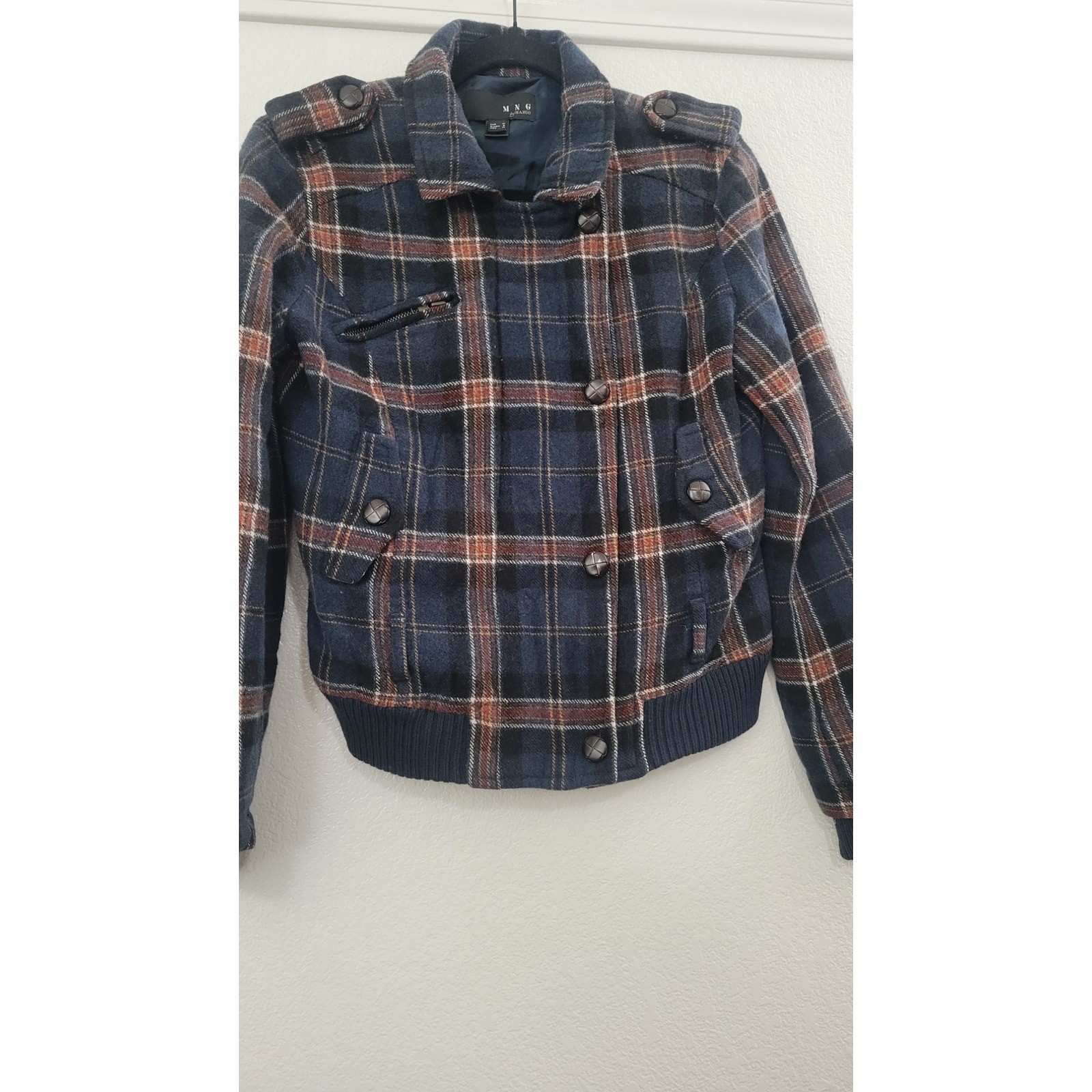 MNG by Mango Wool Blend Plaid Moto Jacket Women’s Small Blue Snap Zip Coat