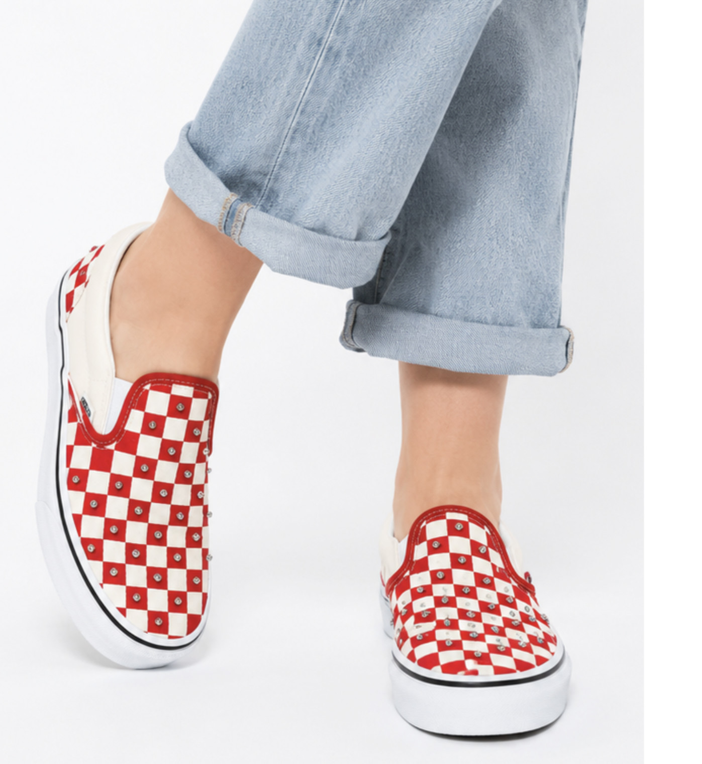 Vans Classic Slip-On Checkerboard Rhinestone Red Beige Canvas Women’s 6.5 NIB