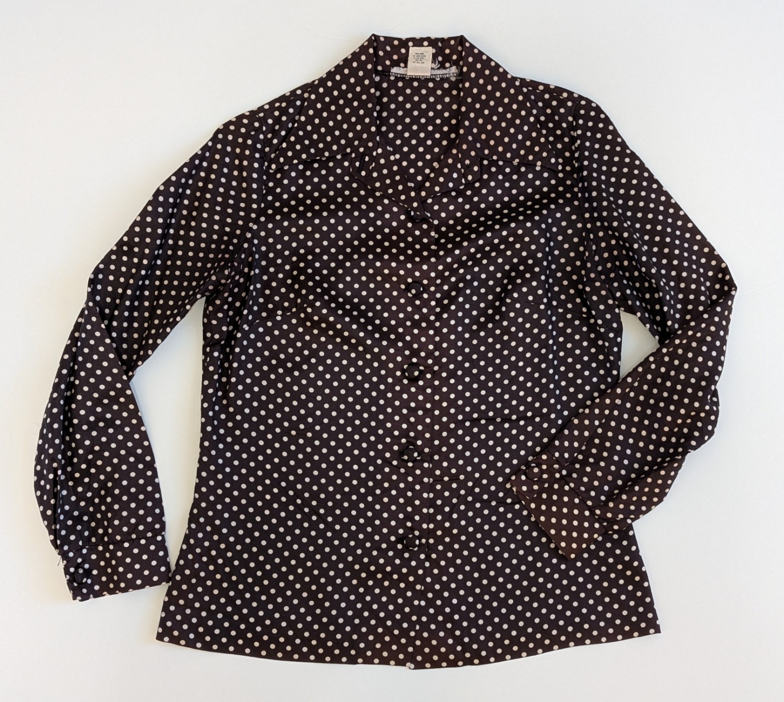 60s 70s Vintage Womens Brown Polka Dot Button Up Rockabilly Blouse Dagger Collar