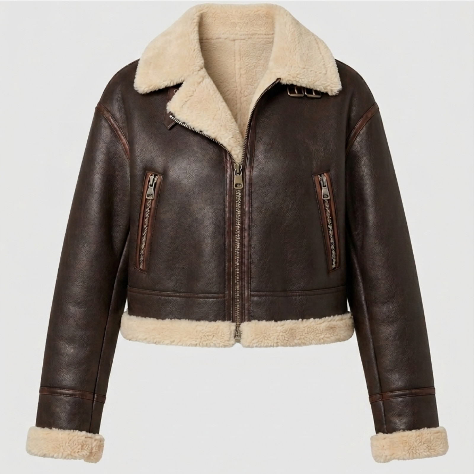 Women’s Vintage Brown Leather Shearling Bomber Aviator Jacket for Women