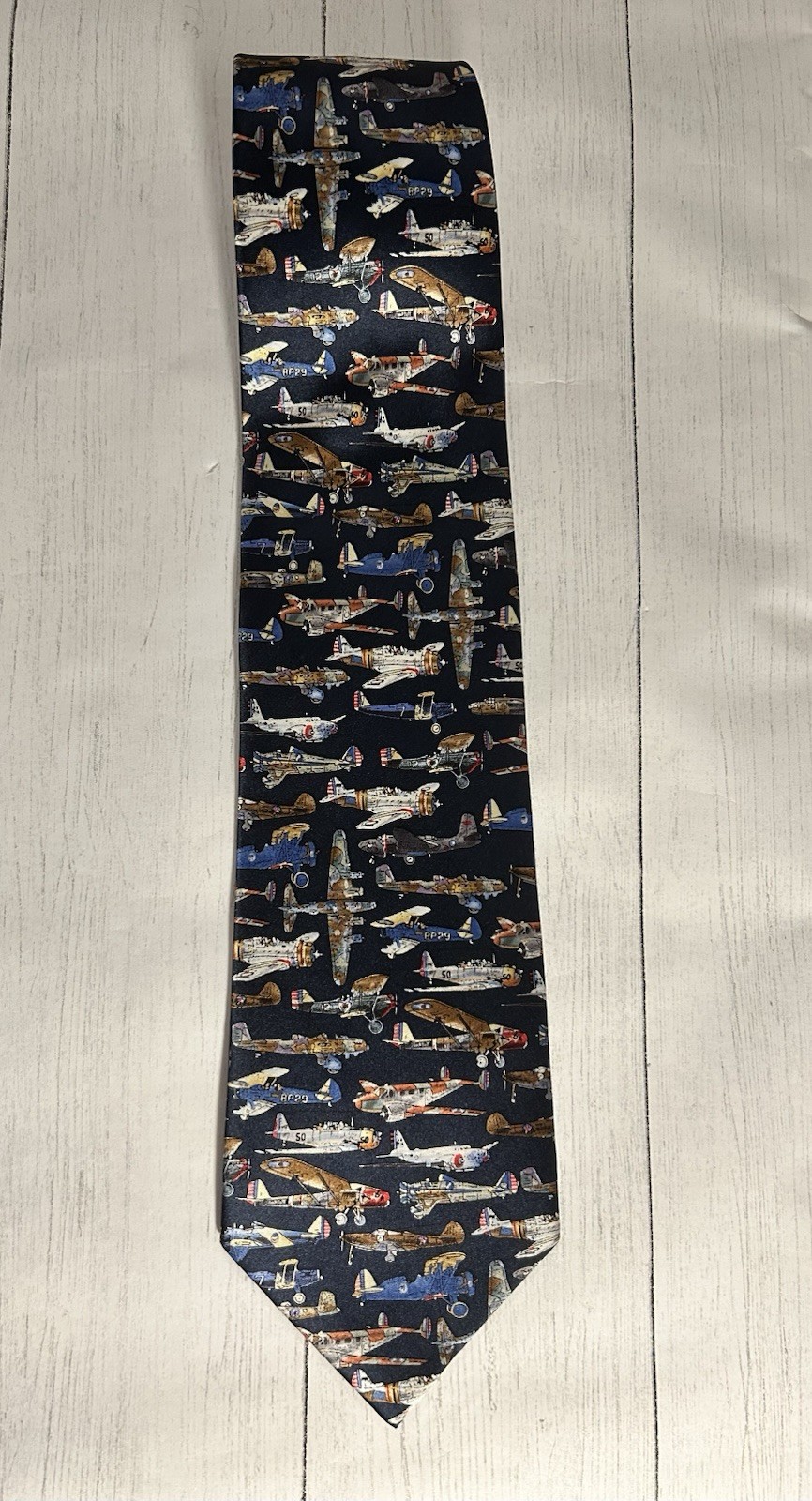 Museum Artifact Men’s Neck Tie Navy/Vintage Airplanes, Handmade Silk 4”x59”