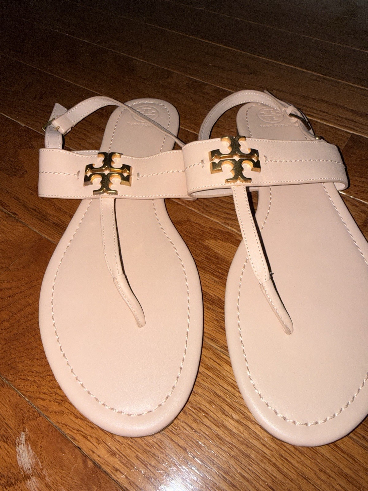 Tory Burch Women’s Beige Thong Flat Sandals Ankle Strap Logo Buckle Sz 12