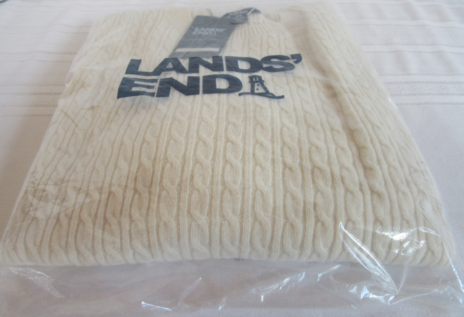Lands’ End 100% Cashmere Long Sleeve Cable Ivory Pullover Style #520921 3X NEW!