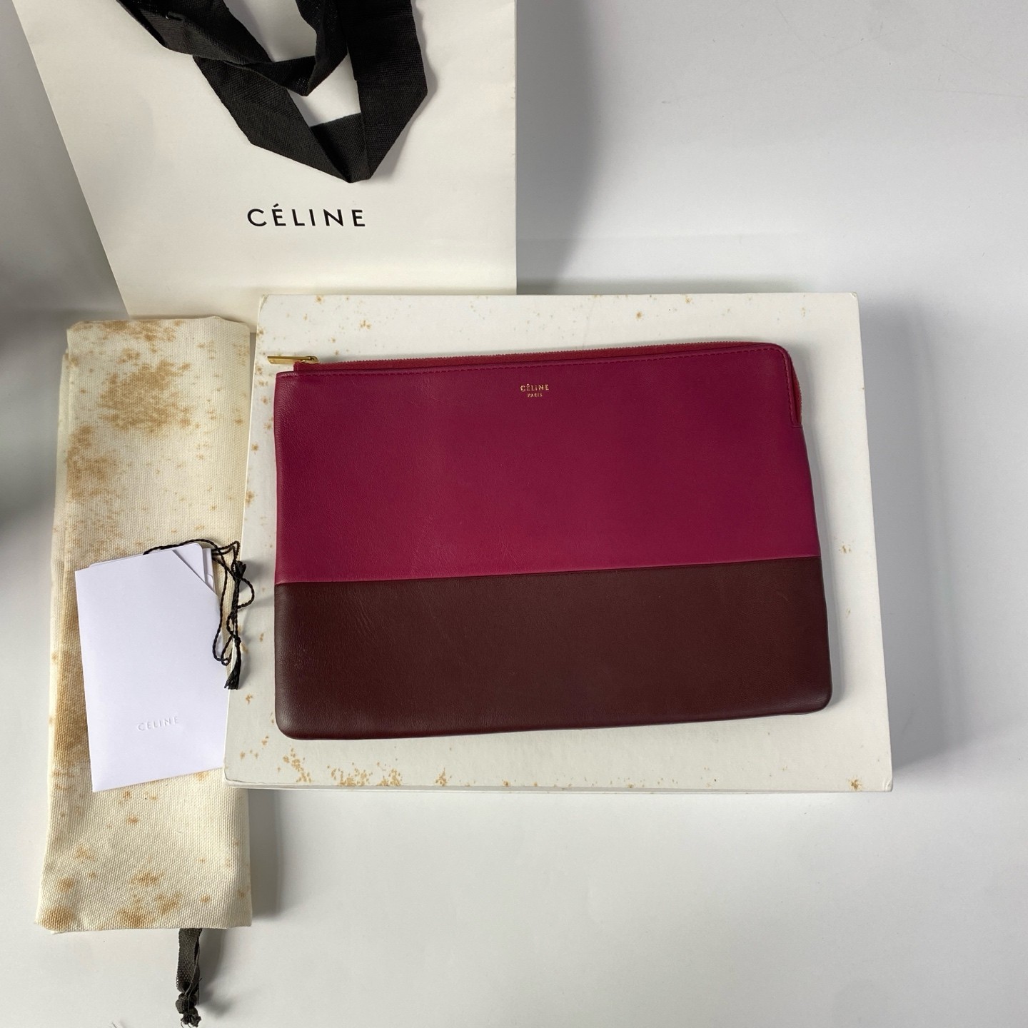 Celine Bi-Color Fuchsia Burgundy Smooth Calfskin Flat Zip Clutch Pouch Bag Used