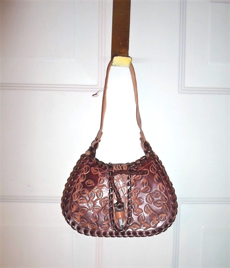 Child’s Leather Tooled Handbag Purse – 6″ wide x 3-3/4″ tall Whip Stitch Boho