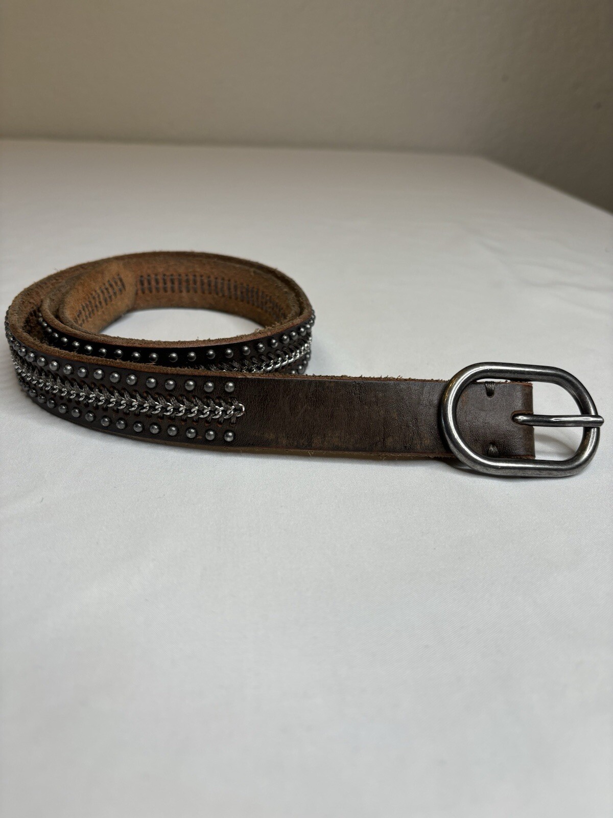 Amsterdam Heritage Women 85 XS S Brown Genuine Studded Chain Leather Belt 25009