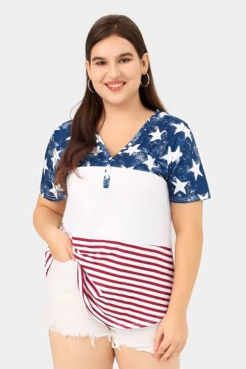 Womens Plus Size Tops 4Th of July T-Shirt 5X-Large Star – Red Striped Usa