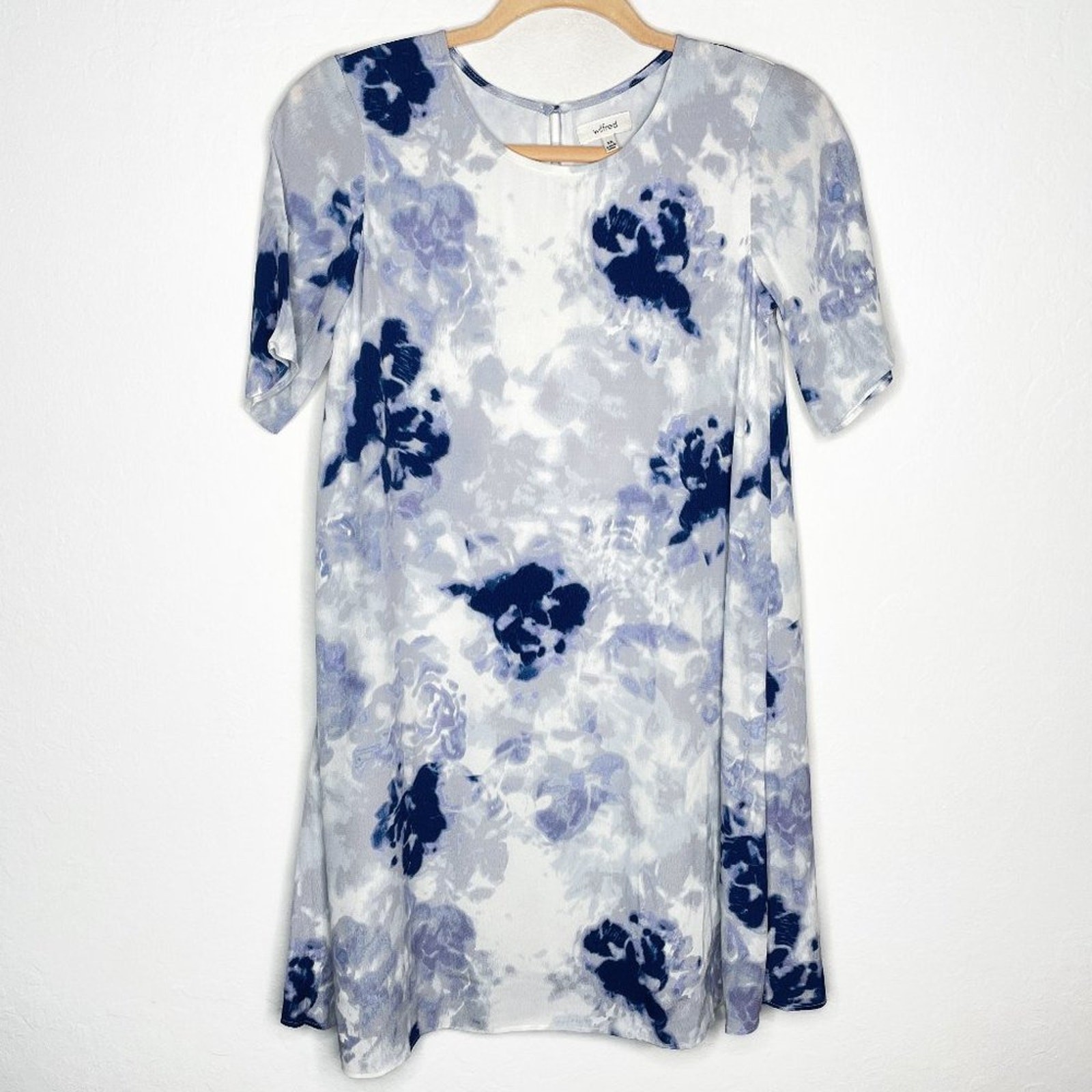 Aritzia Wilfred Tie Dye Blue White Short Sleeve Crepe T-Shirt Tunic Dress XXS