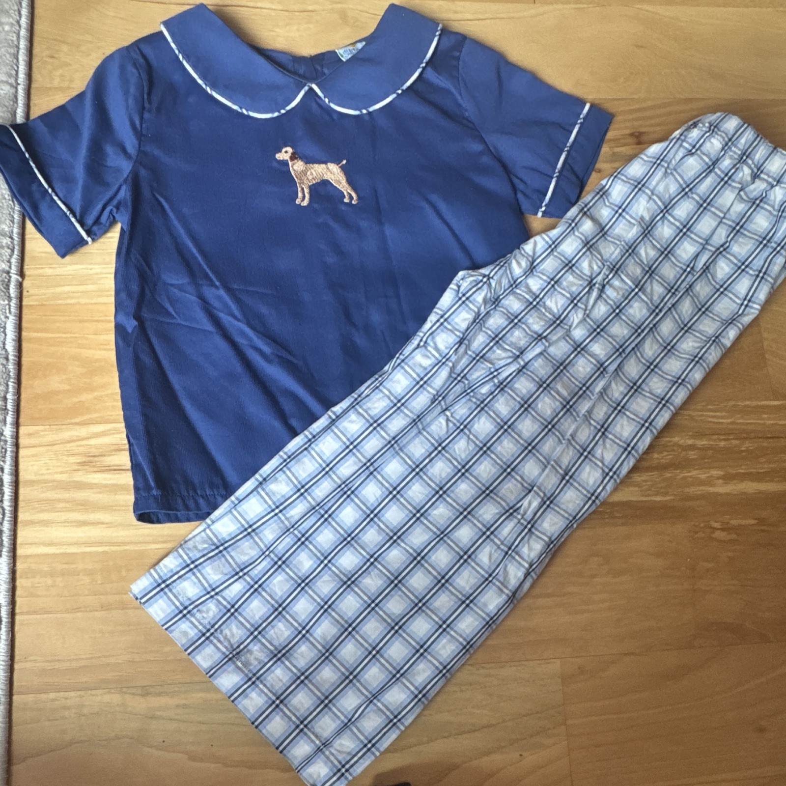 Sweet Burpkin Dog Embroidered Blue Shirt & Plaid Pants Set, 3T, 2-Piece
