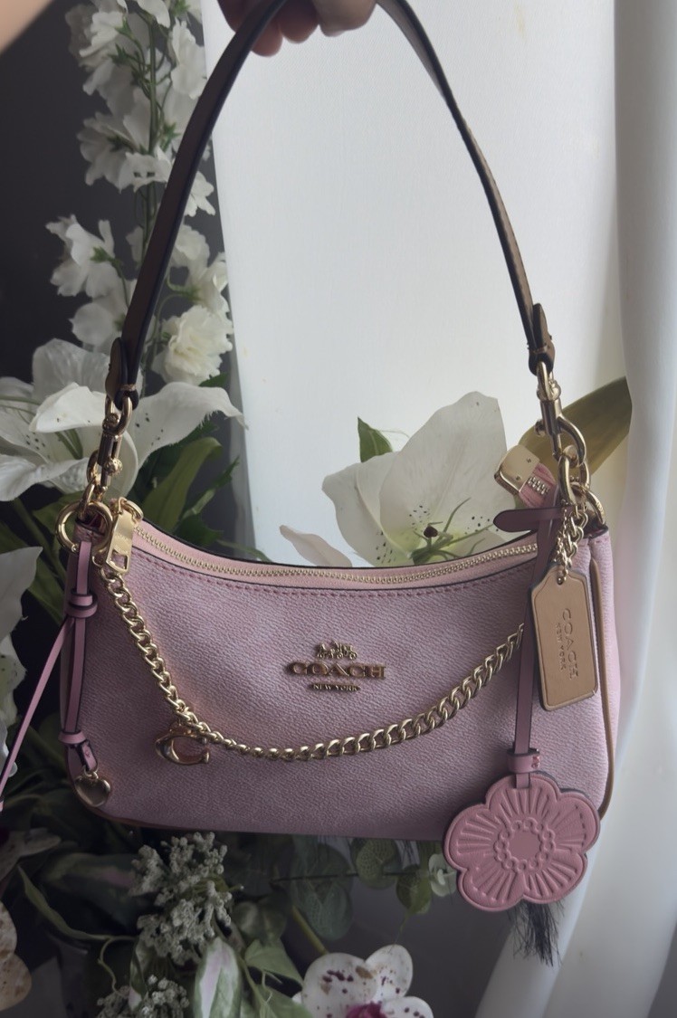 Coach Gold Powder Pink Teri Shoulder Bag Signature with Charms CEA20