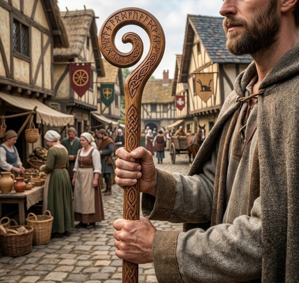 Hand-Carved Walnut Runic Staff – Celtic Knotwork – 46″ Modular Walking Stick