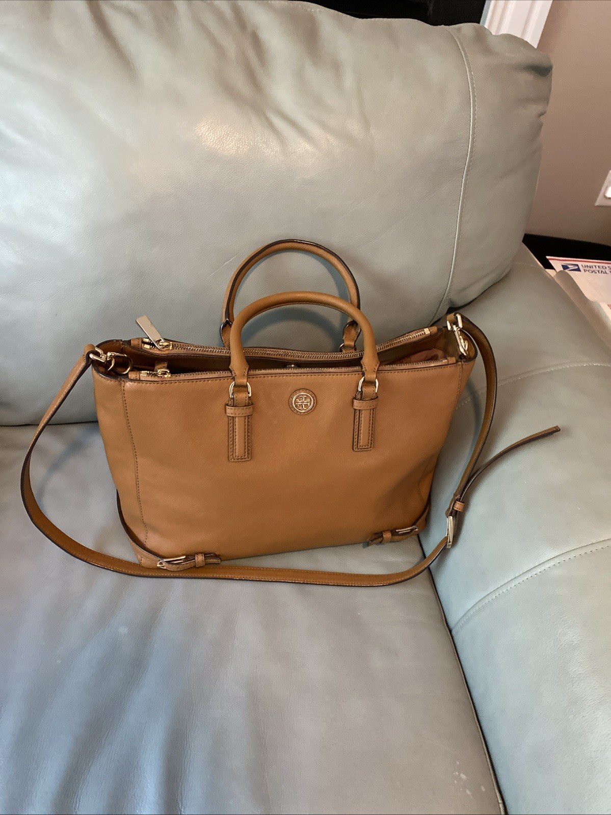 Tory Burch Robinson Tigers Eye Tan/Brown Saffiano Leather Handbag Satchel Nice