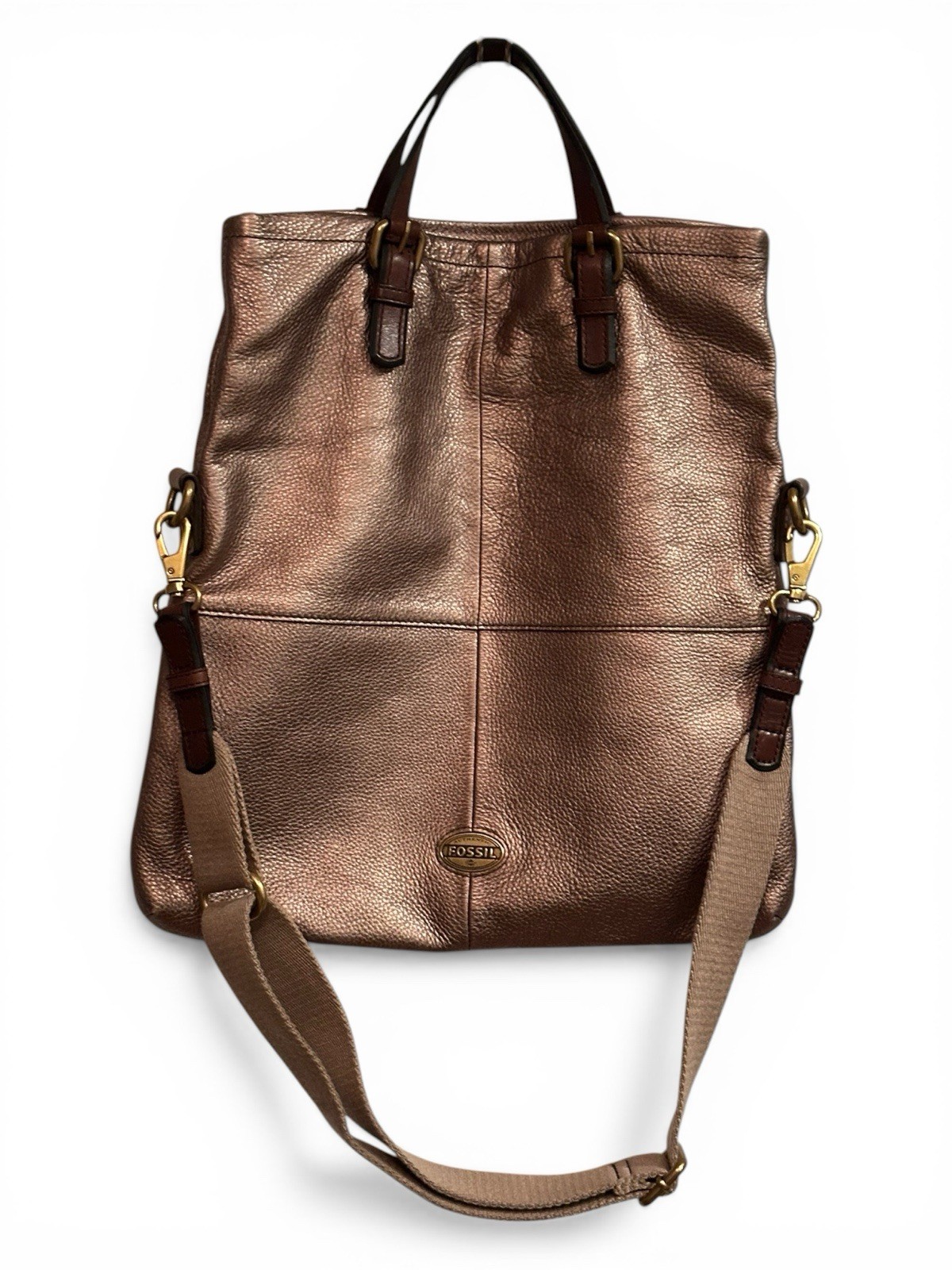 Fossil Explorer Foldover Tote Bronze Pebbled w/ Top Handle, Detachable Strap