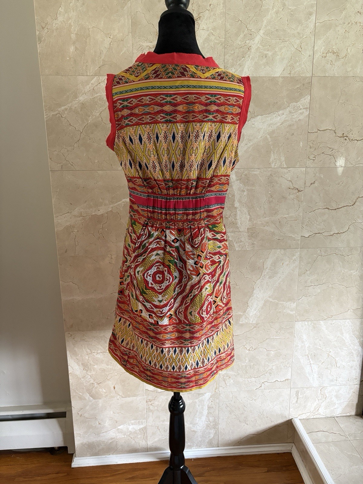 Y2K Alberto Makali Mini Smocked Shift Dress — M Red Yellow Boho Summer Party