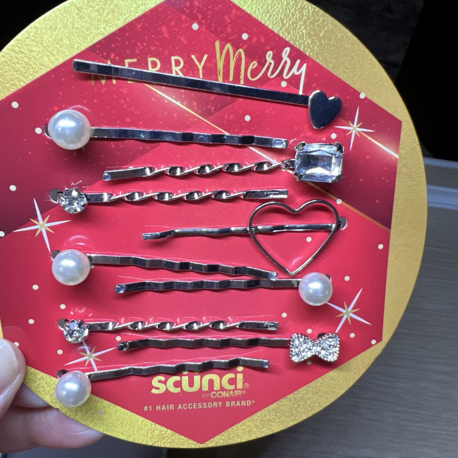 Scunci Rhinestone Pearl Bow Hearts Silver Bobby Pins