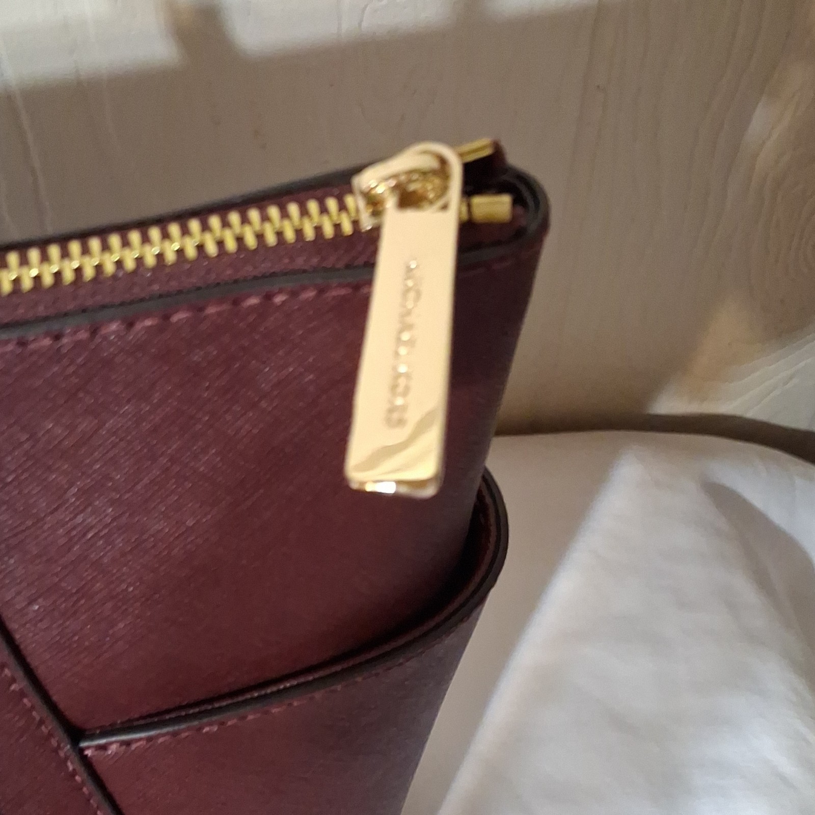 Michael Kors Burgundy Charlotte Large Tote Bag Zip Top Gold Hardware Charm