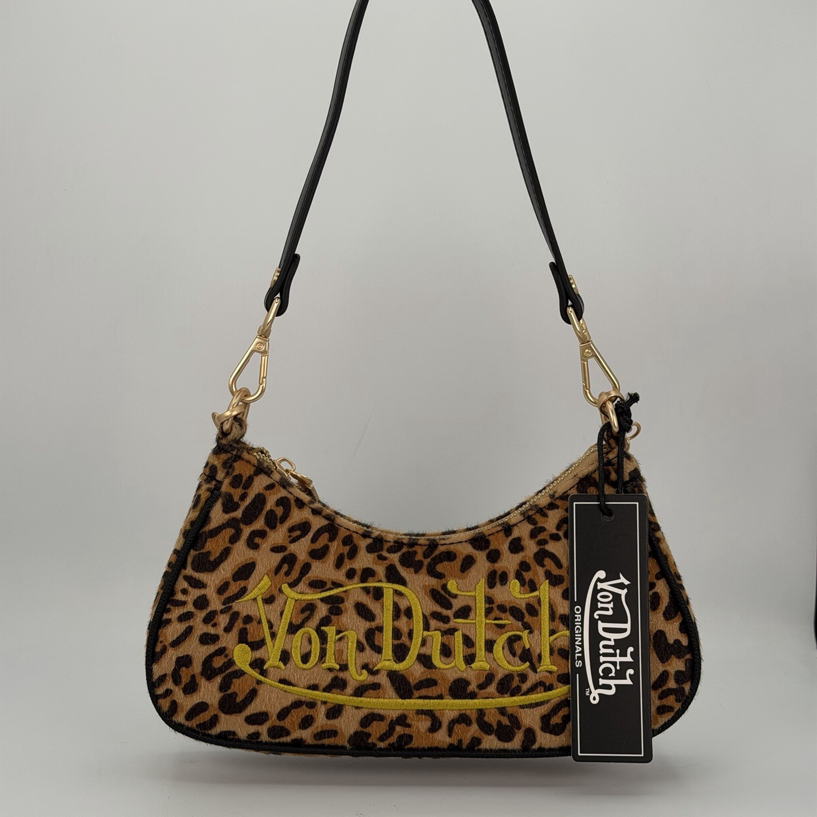 Von Dutch Crescent Shoulder Bag Leopard Print Brown & Black Gold Zip With Charm