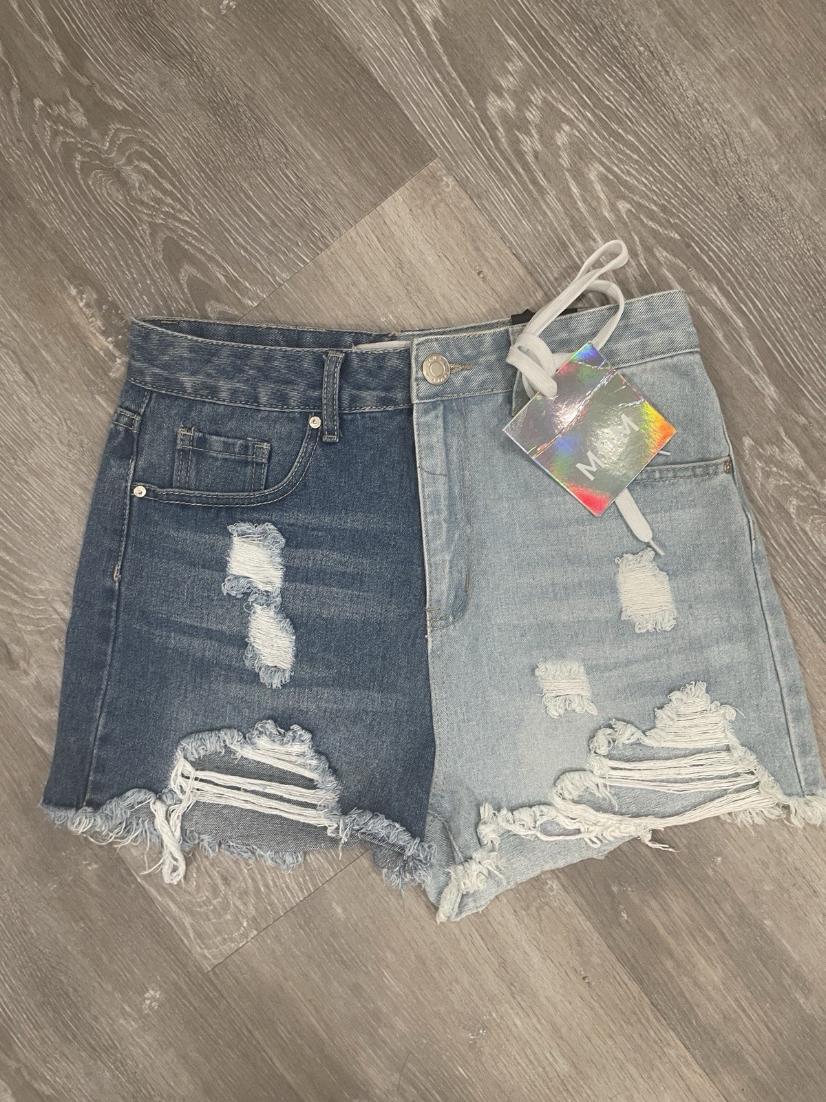 Blue Savvy Denim Shorts Women 7/28 High Rise Distressed Colorblock Frayed