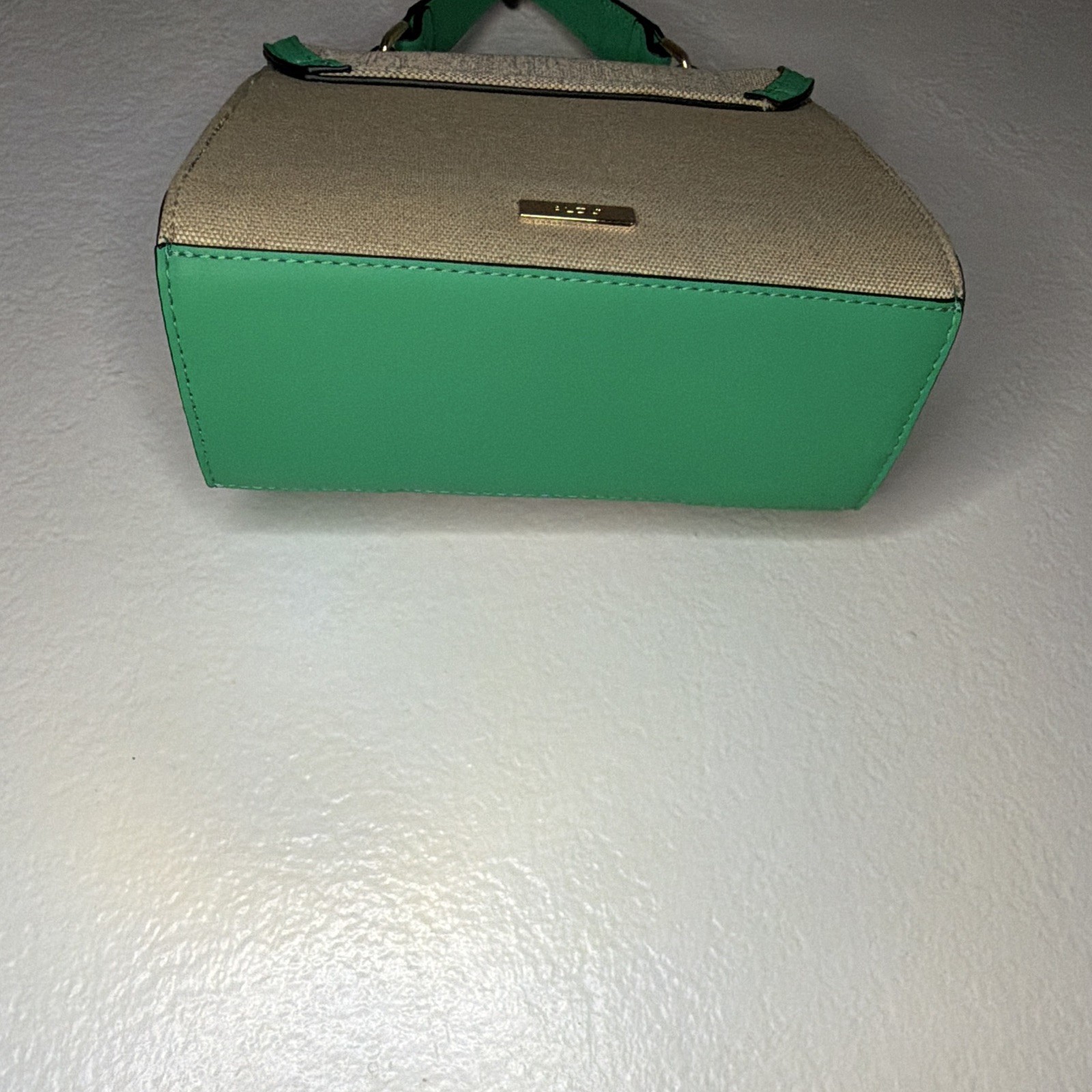 ALDO Beige/Green Satchel Top Handle Bag Magnetic Close, Chain Logo, Gold HW