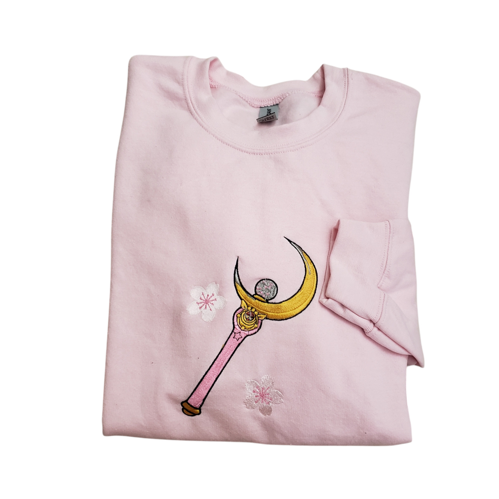 Sailor Moon Crescent Moon Cherry Blossom Embroidered Crewneck Sweater Pink Sz M