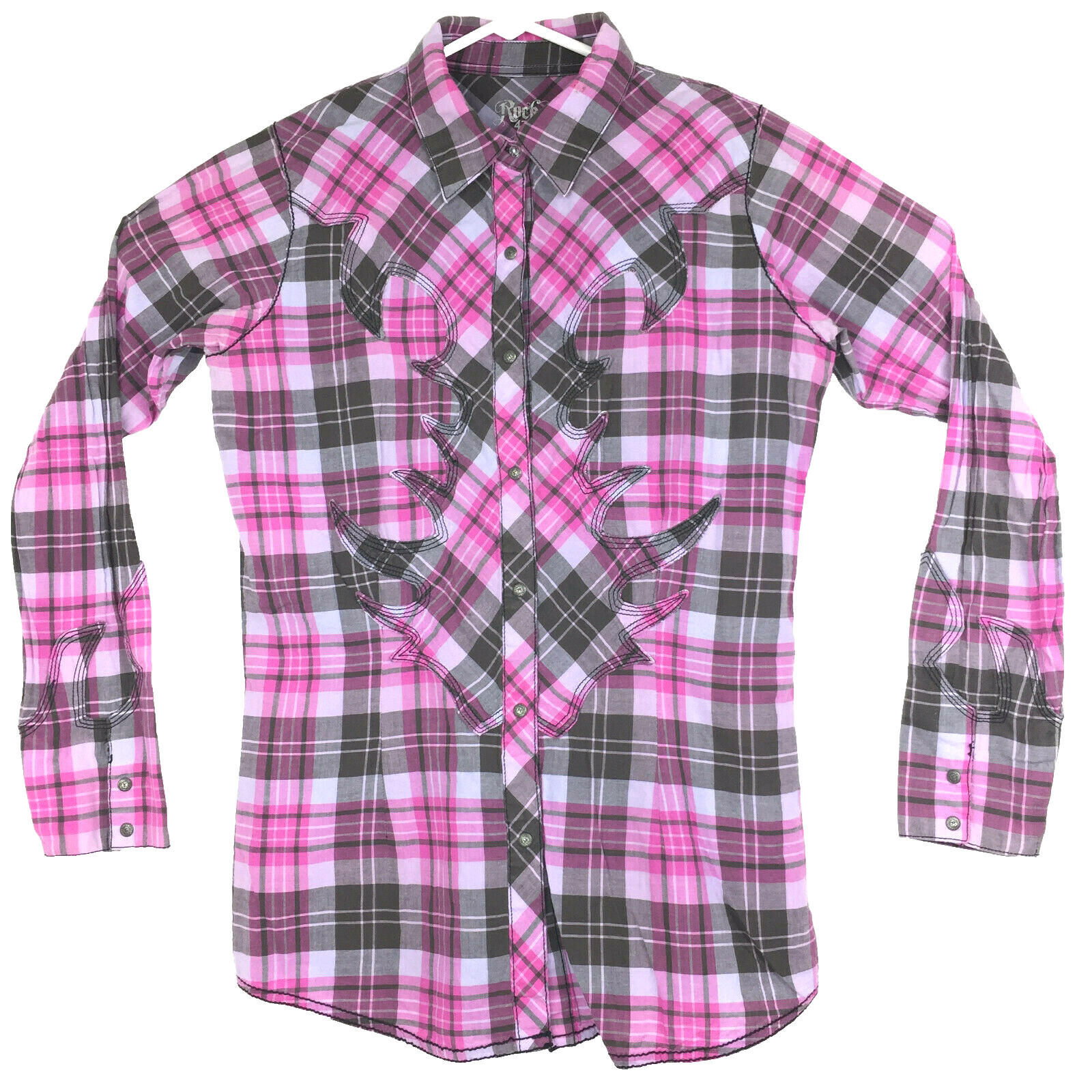 Wrangler Rock 47 Womens Medium M Purple Rhinestone Pearl Snap Western Shirt 38″