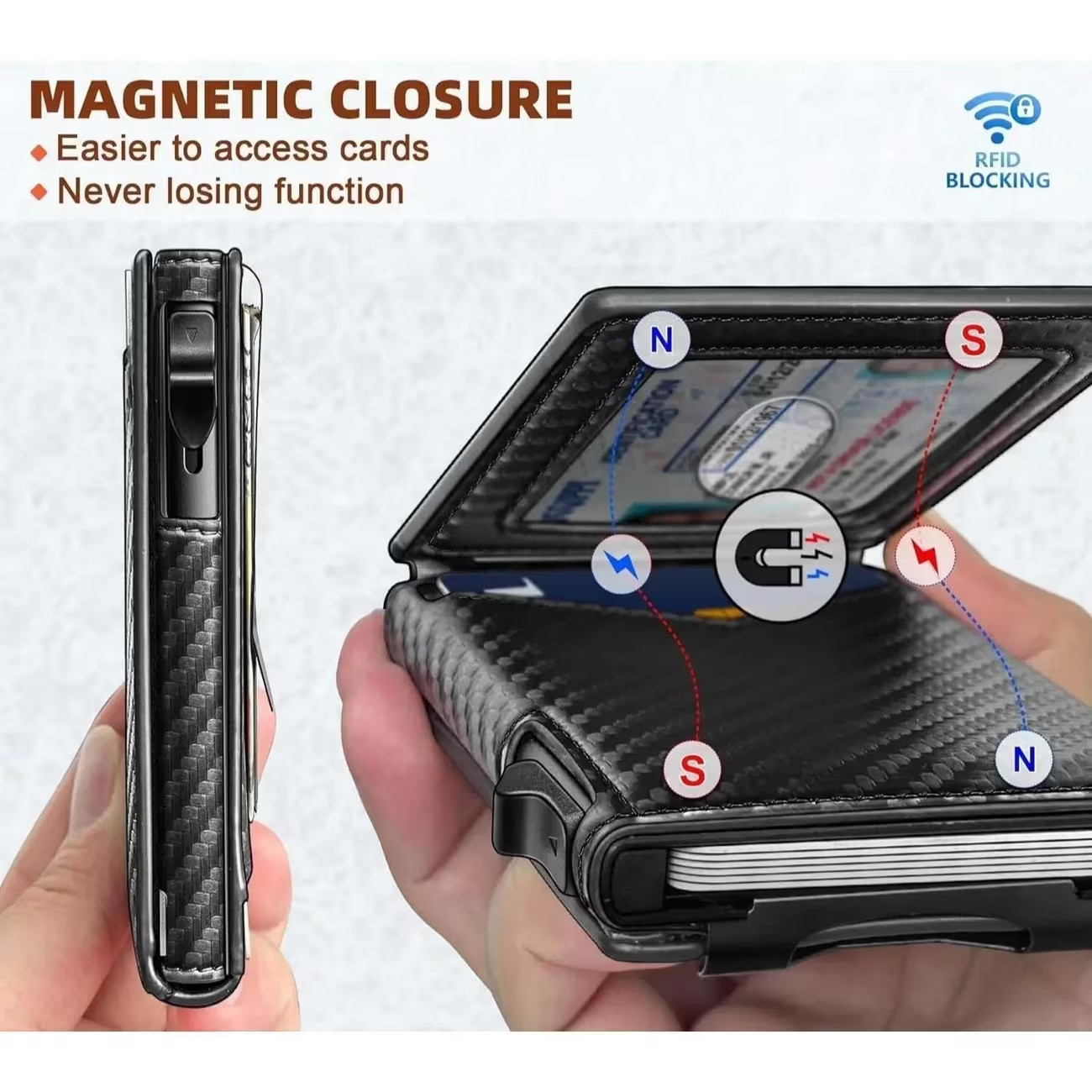RFID Blocking Carbon Fiber Wallet, Pop Up Card Holder Slim Bifold, Money Clip