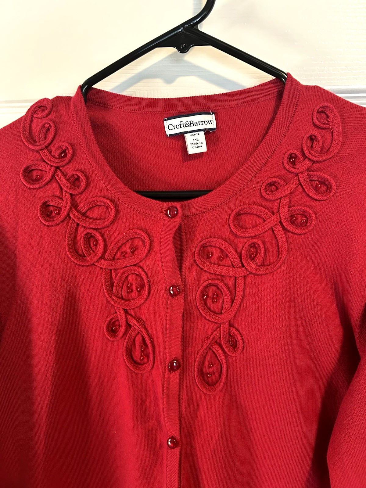 Croft & Barrow Wine Red Button Up Cardigan Sweater with Embellished Neckline