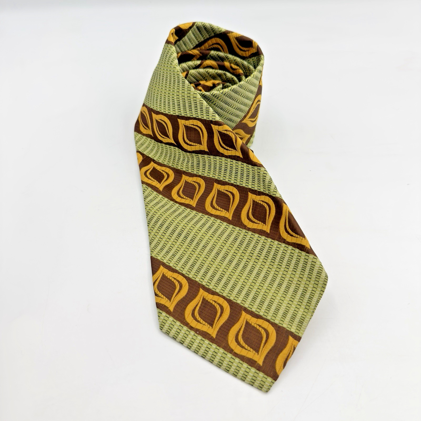 VTG Commodore Trevira Polyester Wide Tie Brown Green Gold Geometric Mod 54 x 4″