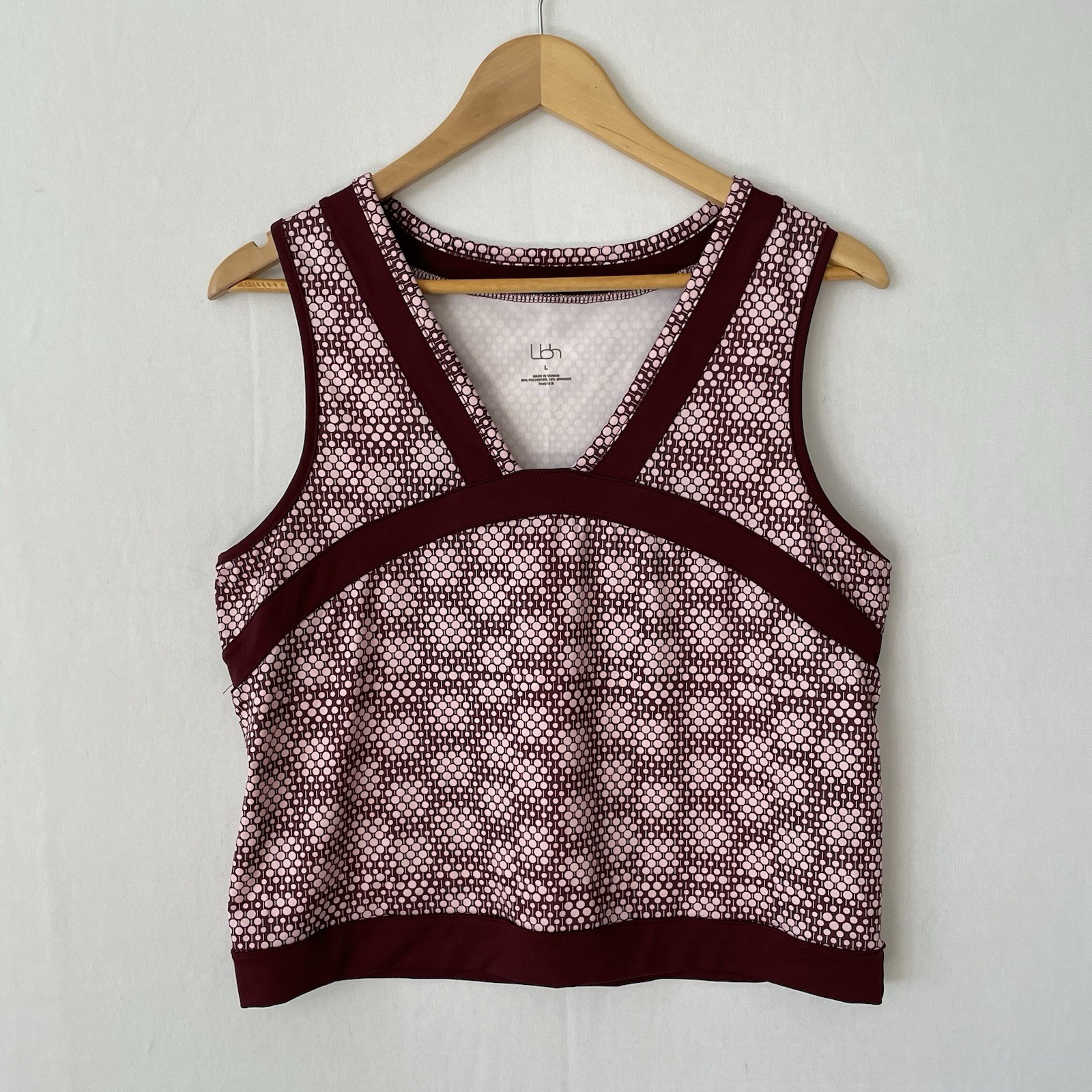 LBH Women’s Size Large Performance Fabric Burgundy Pink Circles Tank Top V-neck