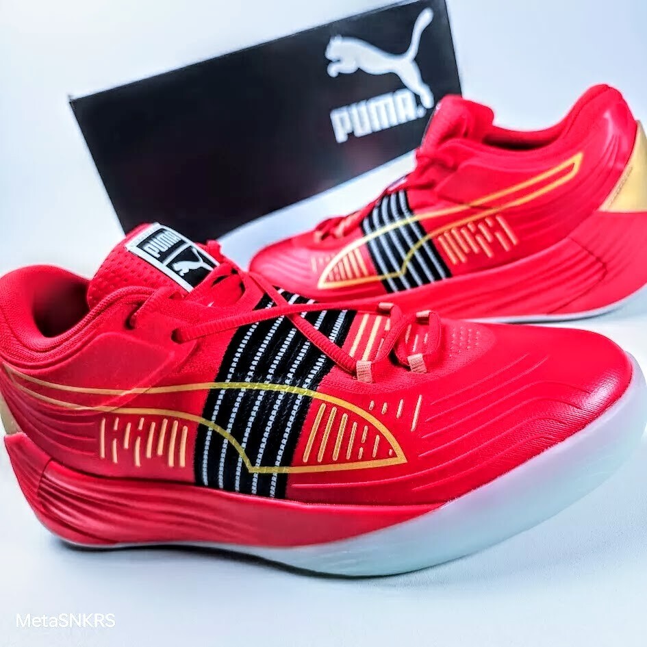 Puma US 11.5 Men’s Red Black Gold Basketball Light Fusion Nitro 195587 04 NIB