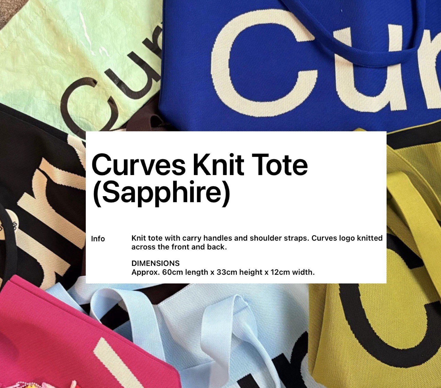 The Curves Tote by Sean Brown – Sapphire Blue – Brand New