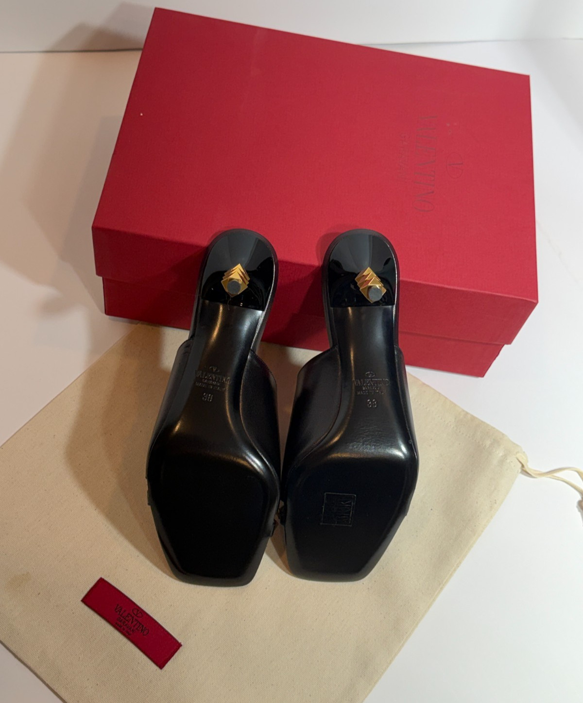 New Valentino Black Slide Sandals with Rockstud Accents 3 Inch Heels Size 38