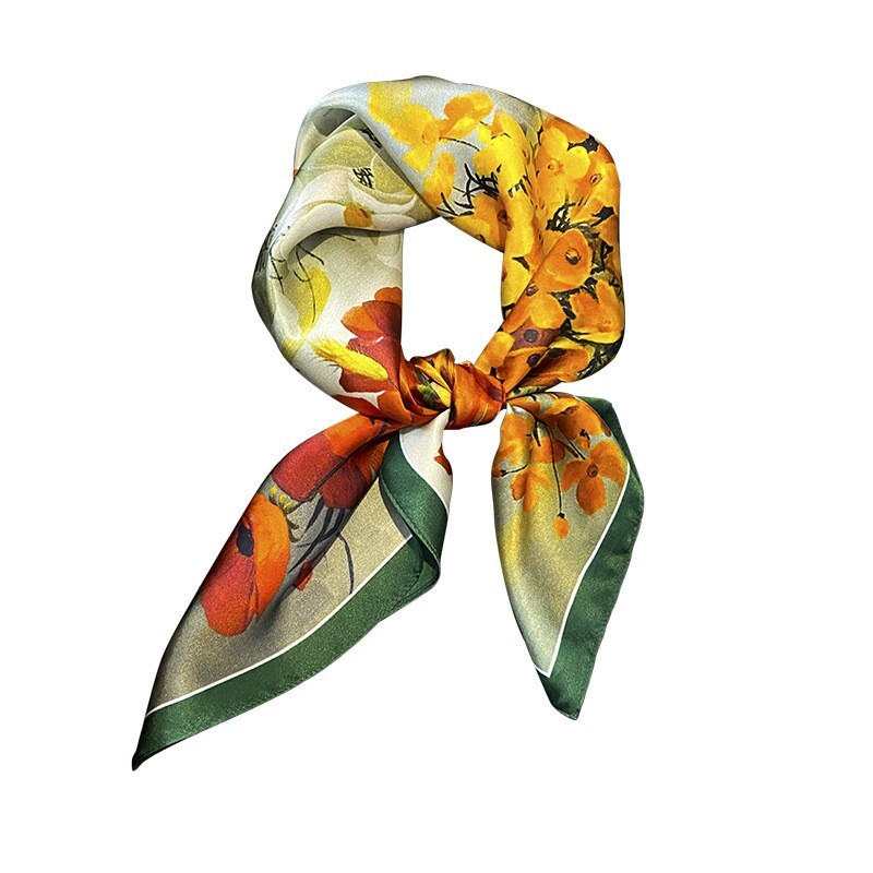 100% Silk Mulberry 27″ Square Scarf Women Vintage Neckerchief Wrap Orange Flower