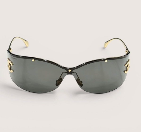 Chanel CH6058 Gold Shield Sunglasses Dark Grey Mirror Lens Large CC Logo Women