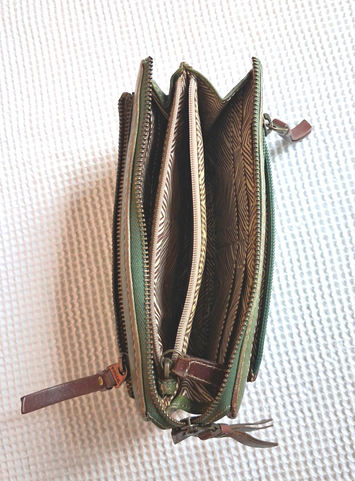 Fossil Olive Green Leather Accordion Organizer Wallet Clutch Fiocchi Italy