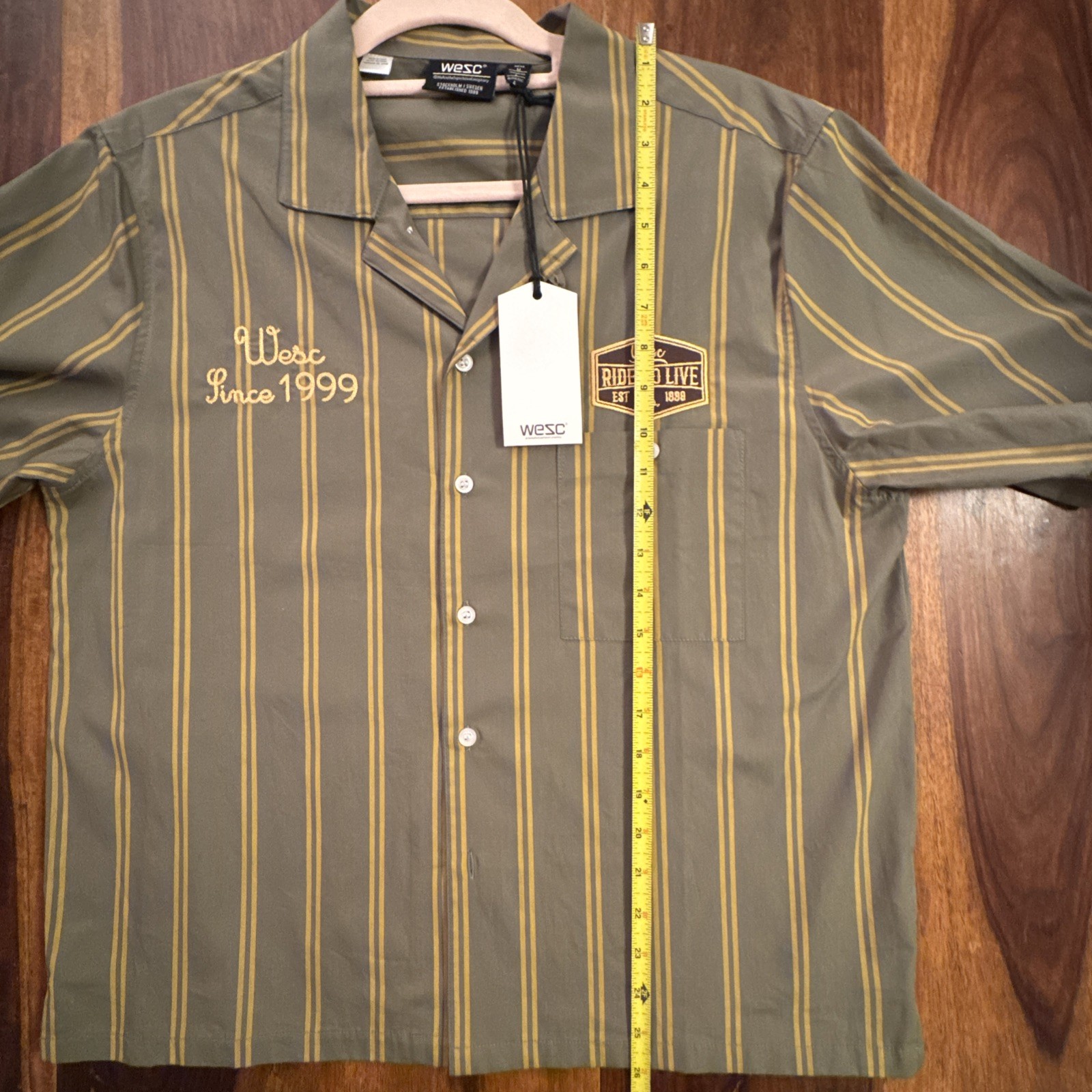 WeSC Men’s Cropped Camp Shirt Olive Green Striped Workwear Button Up Size M NWT