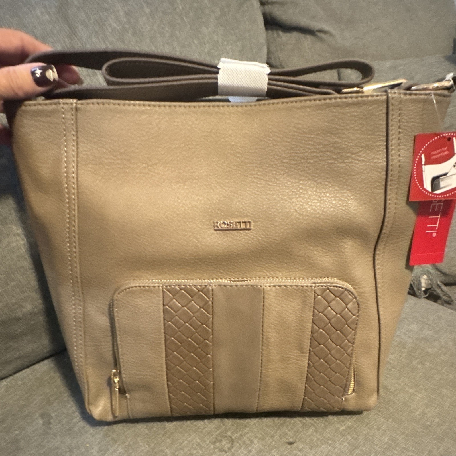 Rosetti Beige Shoulder Bag Zip Top Gold Hardware Brown Strap Inner Pockets
