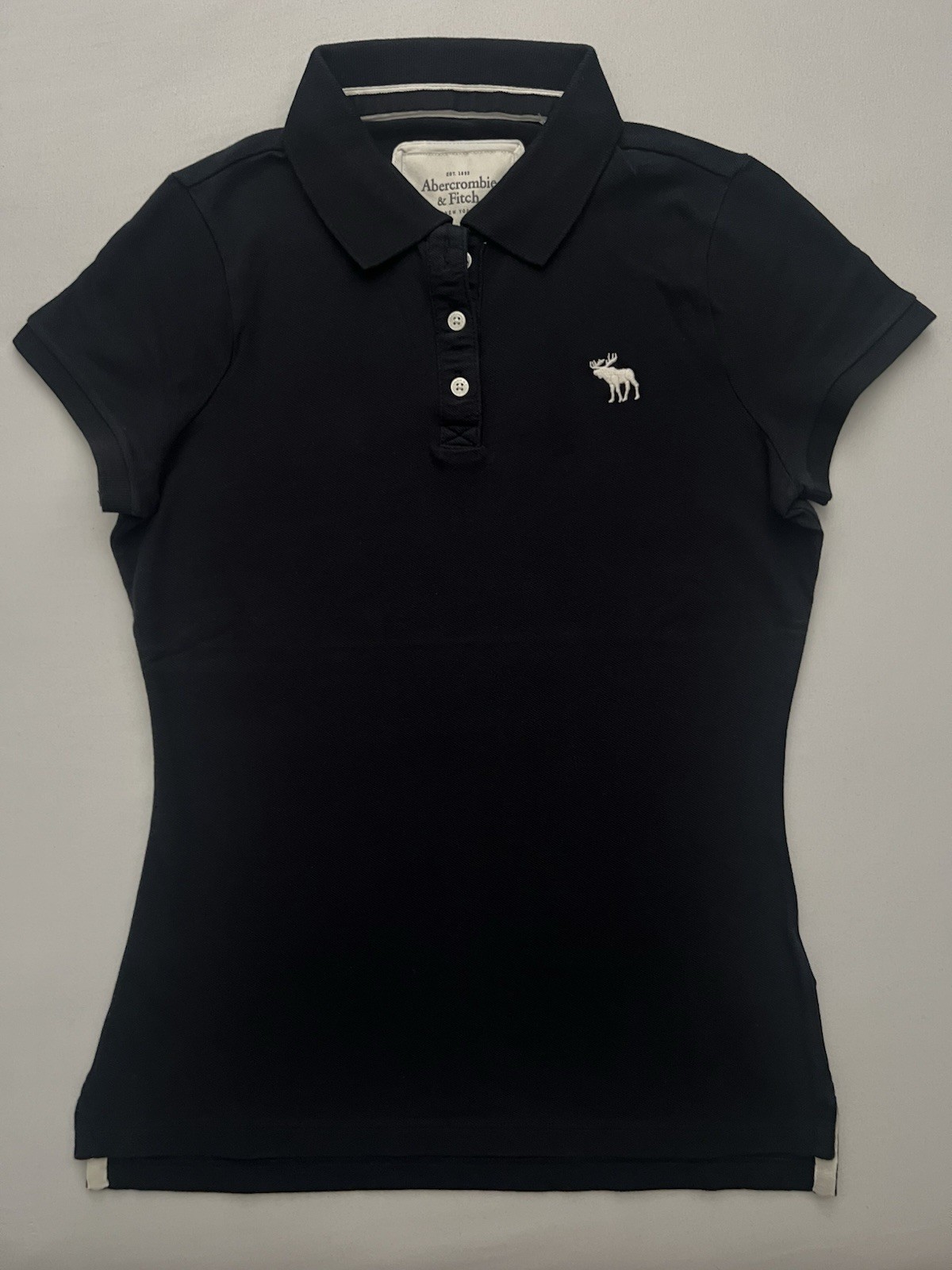 ABERCROMBIE & FITCH WOMEN’S NAVY BLUE 3-BUTTON FITTED POLO SHIRT A&F LOGO XS S M