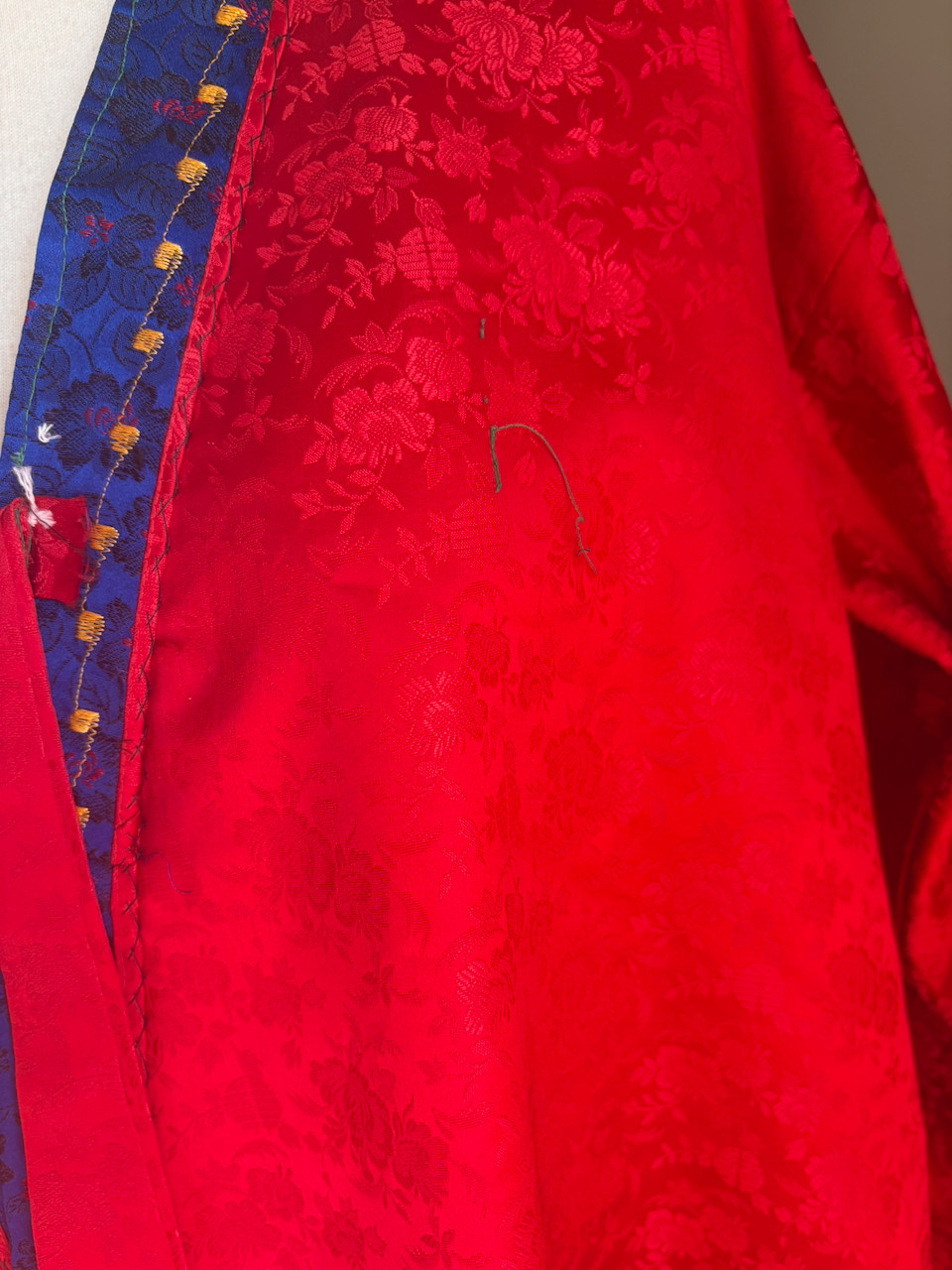 Vintage Korea Red Blue Brocade Embroidered Hanbok Durumagi Overcoat Traditional