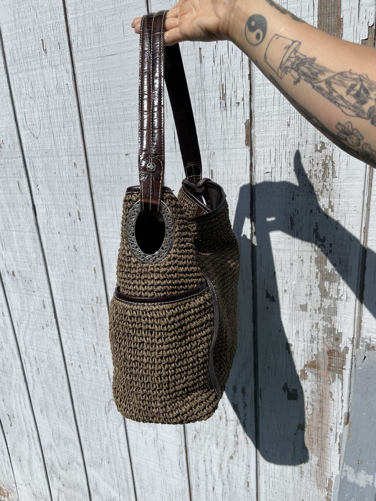 Brighton Salina Brown Woven Shoulder Bag Zip Closure Inner Pockets