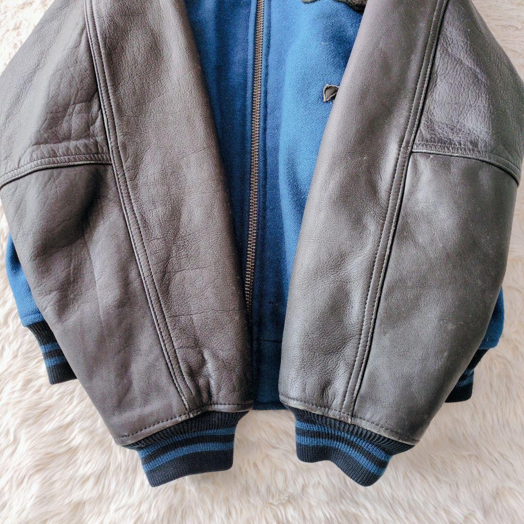 AVIREX Leather Wool Stadium Jacket Blouson Coat Men Size M Blue Black Vintage