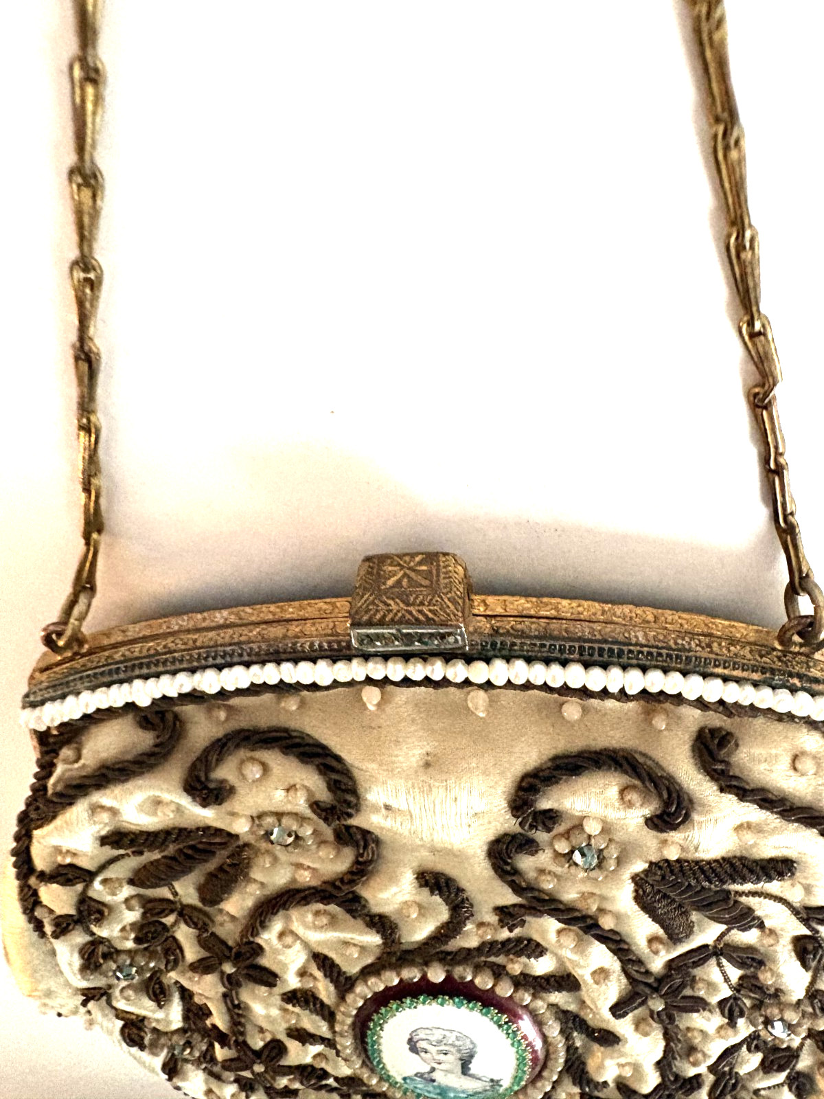 French Victorian Cameo TRINITY BAG Copper Beaded w/Pearls/Copper Metallic Thread