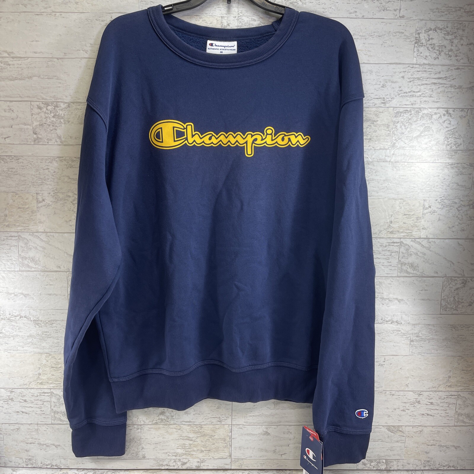Champion Mens Classic Script Logo Sweatshirt Brand New Medium Navy Blue & Yellow
