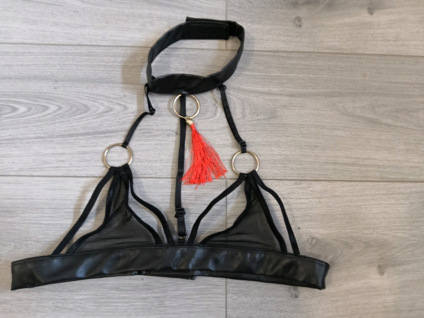 BNWOT Black PVC & Sheer Mesh Tassel Suspender Skirt & Bra Top Set Size 10-14