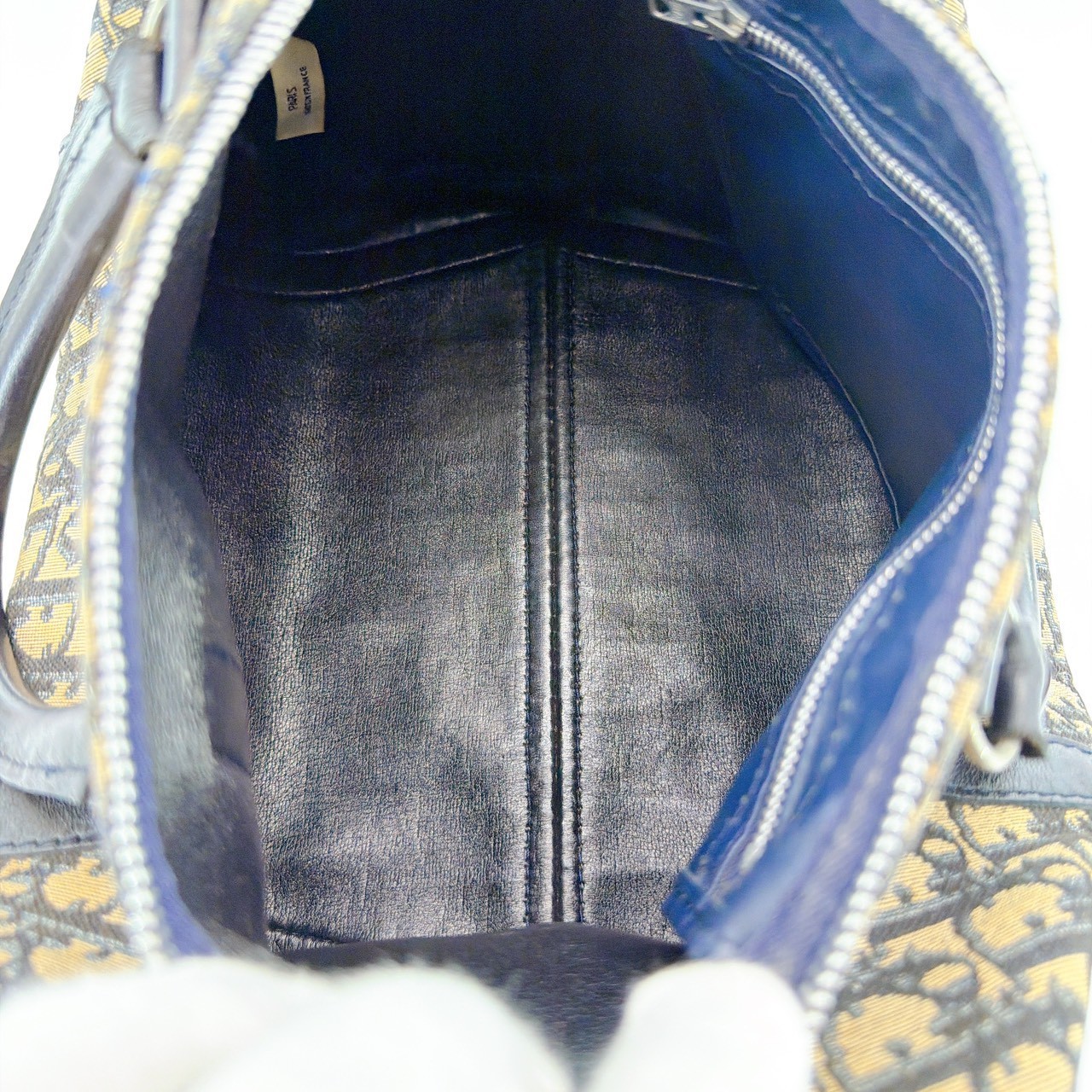 Auth Christian Dior Trotter Pattern Canvas Beige Navy Boston Bag 303Q1