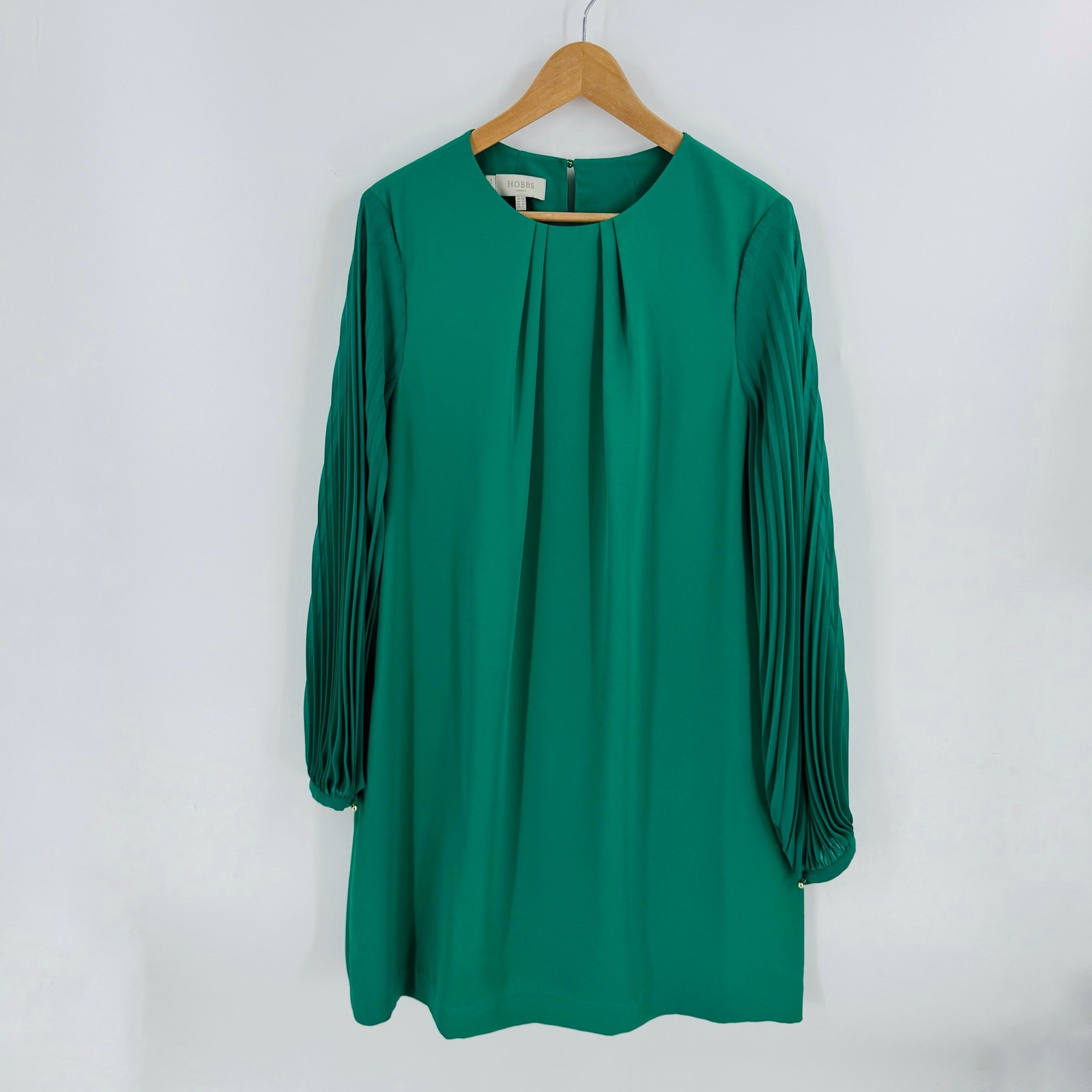 Hobbs Greta Green Popover Dress Pleated Sleeve Sheath Chic Minimalist Size 12